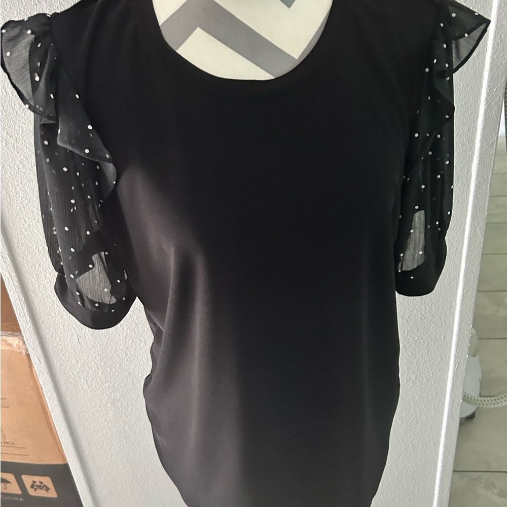 CeCe - Black Top with Sheer Polka Dot Sleeves - Size Large